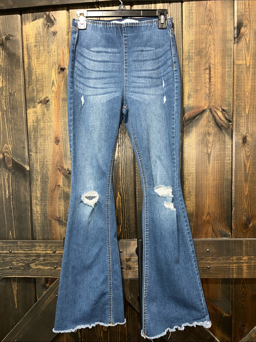 Tinseltown Pull On Distressed Flare Jeans 5 High Rise Raw Hem Bell Bottom Boho